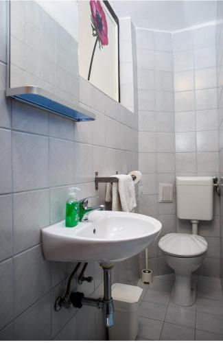 a white bathroom with a sink and a toilet at House Pljesevica in Plitvička Jezera
