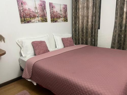 1 dormitorio con 1 cama rosa y 2 almohadas en Hotel Omer en Berat
