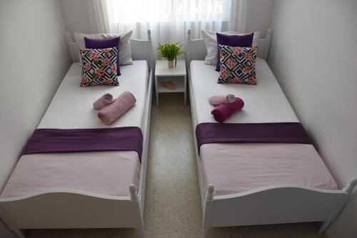 two beds in a room with pink and purple pillows at Villa Aqua in Boghaz