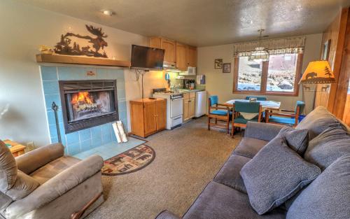 sala de estar con sofá y chimenea en McGregor Mountain Lodge en Estes Park