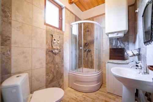 a bathroom with a shower and a toilet and a sink at Casa luminoasa cu poveste in Sulina