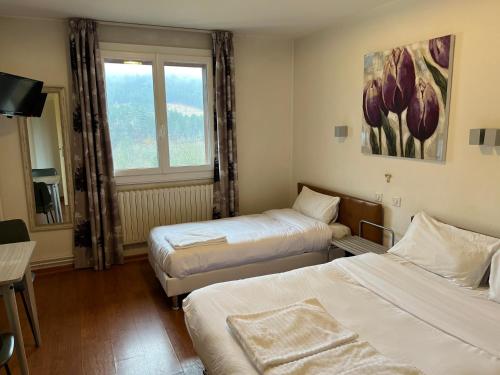 Habitación de hotel con 2 camas y ventana en Hotel du Luxembourg en Balsièges