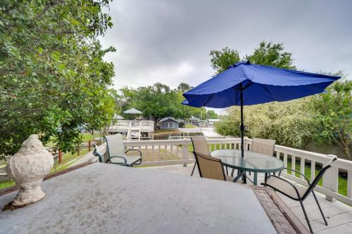 a table with a blue umbrella and chairs on a balcony at Lakefront Granite Shoals Escape with Dock! in Granite Shoals