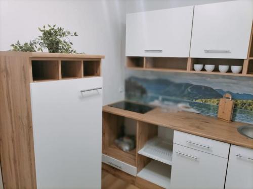 a kitchen with white cabinets and a white refrigerator at Ferienwohnung Luitpold 1 in Memmingen
