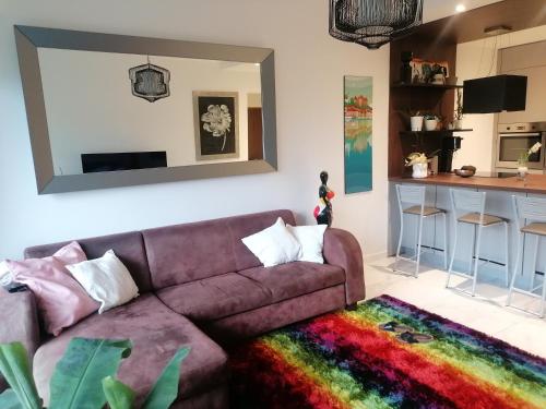 - un salon avec un canapé marron et un tapis coloré dans l'établissement Appartement des Cygnes, à Annecy