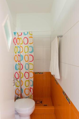 a bathroom with a toilet and a shower curtain at Filina's Studio in Maltezana