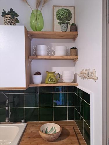 een keuken met groene tegels en planken met borden bij BASTIDE PRESQU ILE DE GIENS SUPERBE VUE MER PISCINE in Hyères