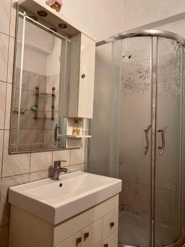 a bathroom with a sink and a shower at Charming Berat flat getaway in Berat