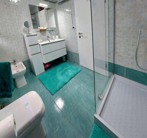 uma casa de banho com um WC, um lavatório e um chuveiro em Apartma Vista montana em Kobarid