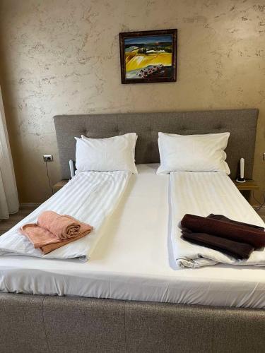 1 cama grande con 2 almohadas y toallas. en Paradise dreams Velingrad, en Velingrad