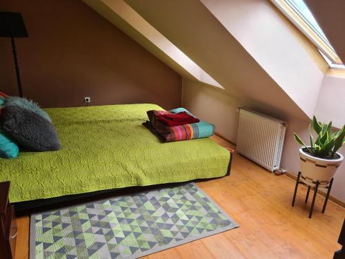 - une chambre avec un lit vert et un tapis dans l'établissement 3 BD Spacy Centrum apartment 110m2, à Kaunas