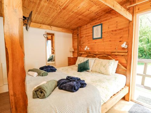 - une chambre avec 2 lits dans une cabane en rondins dans l'établissement Brook Lodge, à Llandysul