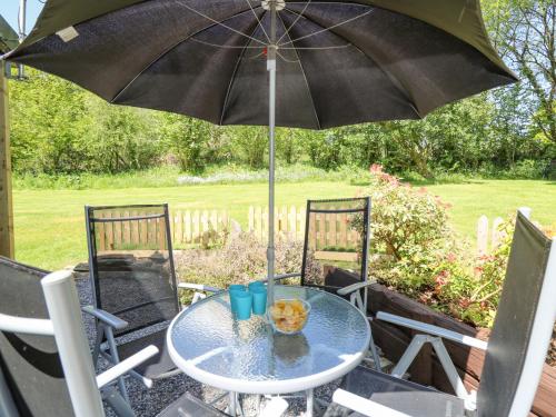 a table with an umbrella on a patio at Brook Lodge in Llandysul
