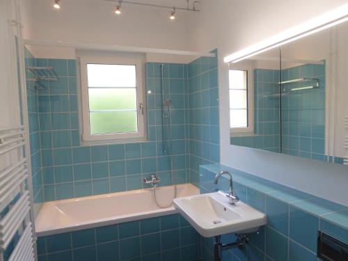 a bathroom with a sink and a tub and a mirror at Maison Mosgenstein in Bern