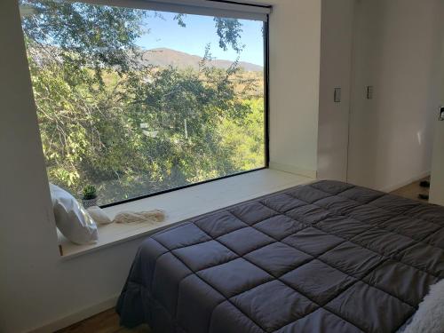 1 dormitorio con ventana grande y cama grande en Aires de mar en Huerta Grande