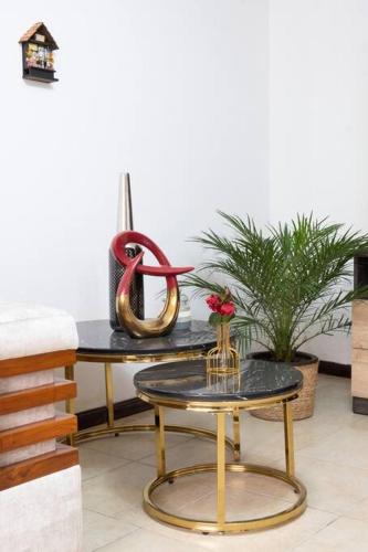 a room with two tables and a sculpture and plants at Cozy & Spacious House-Near the Centro in Cuenca