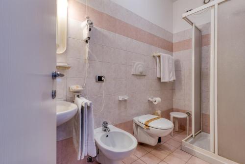 a bathroom with a toilet and a sink and a shower at Hotel Al Sole in Saone
