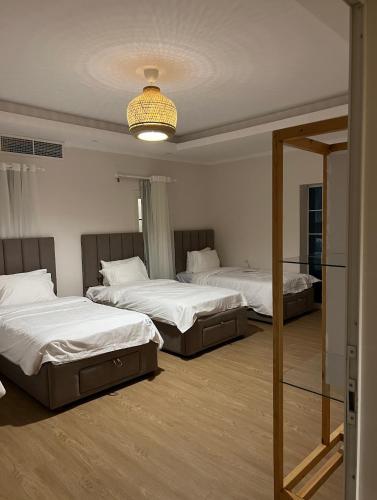 a bedroom with two beds and a mirror at Luxury Farm Stay 50 in Badīyah