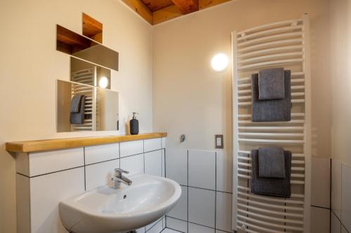 y baño blanco con lavabo y ducha. en Red Cariboo Resort, en Anahim Lake