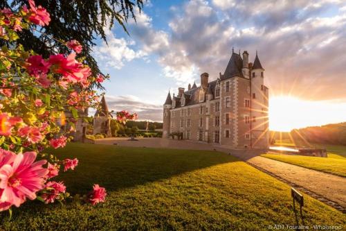 un castillo en un campo con flores delante en La chambre entre Beauval Chenonceau Chambord Amboise, en Montrichard