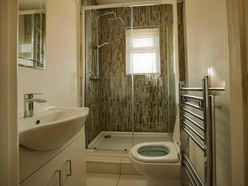 ein Bad mit einer Dusche, einem WC und einem Waschbecken in der Unterkunft Haddon House Workstays UK in Middlesbrough