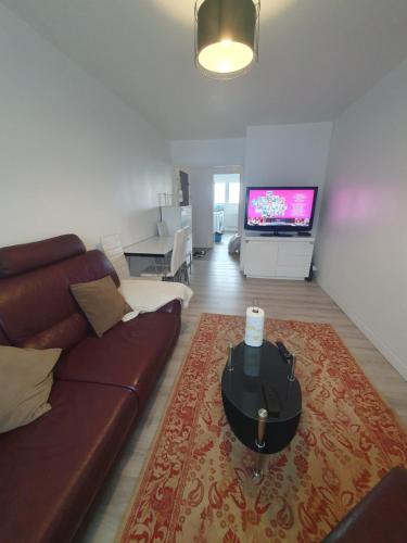 ein Wohnzimmer mit einem braunen Sofa und einem TV in der Unterkunft Appartement Gien in Gien