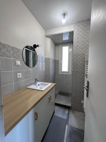 La salle de bains est pourvue d'un lavabo et d'une douche. dans l'établissement Apparemment T3 55m2, à Lourdes