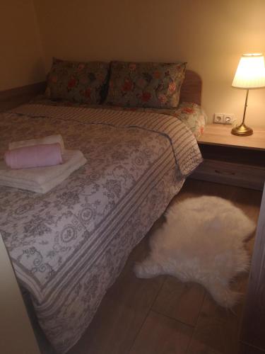 a bedroom with a bed and a white dog laying on the floor at Kristinos Apartment in Druskininkai