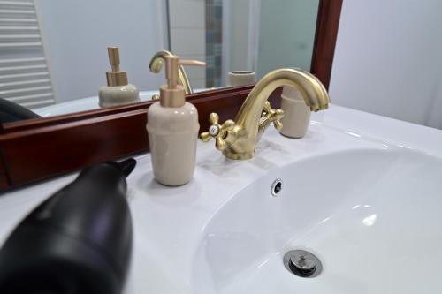 een wastafel in de badkamer met een gouden kraan en een spiegel bij FLH - Natalia 1 - Turnisor in Sibiu