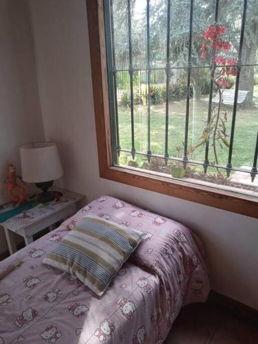 1 dormitorio con cama con almohada y ventana en Villa Cristina en Chascomús