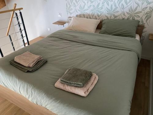łóżko z dwoma ręcznikami i poduszkami w obiekcie Le Gîte de Maxou w mieście Montauban