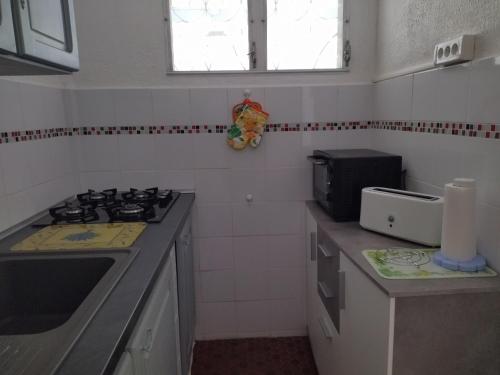 a small kitchen with a stove and a sink at Chez Caroline in Basse-Terre