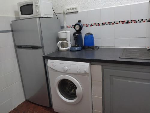 a kitchen with a refrigerator and a washing machine at Chez Caroline in Basse-Terre