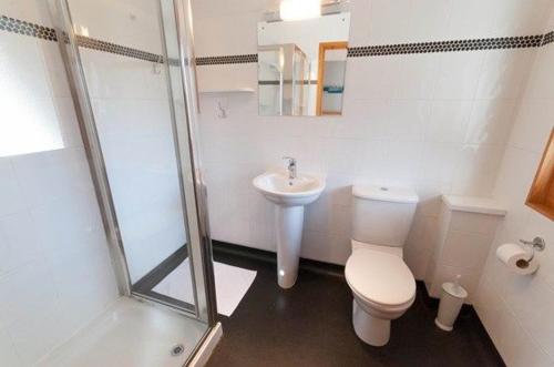 La salle de bains est pourvue de toilettes, d'un lavabo et d'une douche. dans l'établissement Keswick Bridge 5, à Keswick