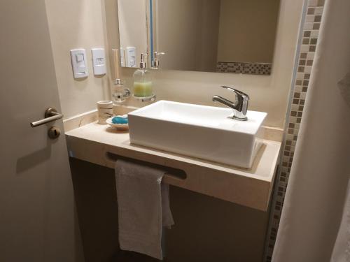 a bathroom with a white sink and a mirror at Aires del Sur in San Miguel de Tucumán