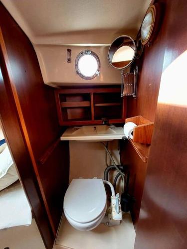 une petite salle de bain avec toilettes et miroir dans l'établissement Voilier Sunbeam Yachts 27,5 à quai au Grand Port Aix les Bains, à Aix-les-Bains