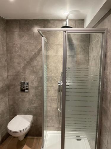a bathroom with a shower and a toilet at Chambres d’hôtes plateau des mille étangs in Belonchamp