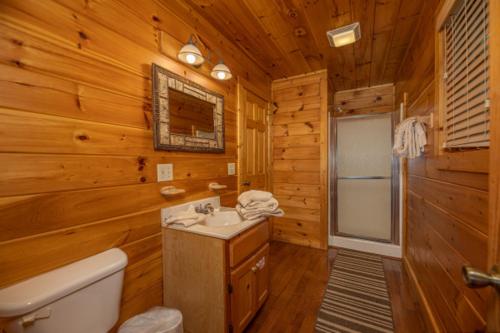 La salle de bains est pourvue de toilettes et d'un lavabo dans une cabane en rondins. dans l'établissement Bearway to Heaven, à Sevierville