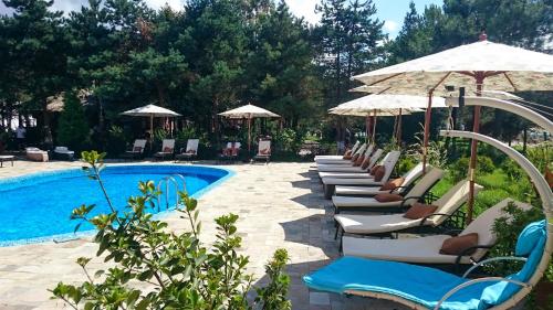 a row of chairs and umbrellas next to a swimming pool at Luxury Dreamland Oasis Apartments in Chakvi
