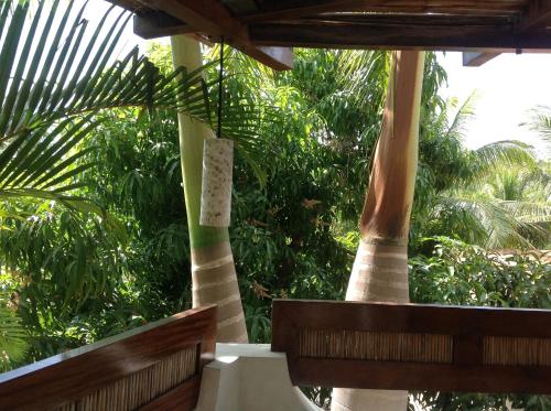 a porch with two palm trees and a bench at Casa Flor de Mar in Zipolite