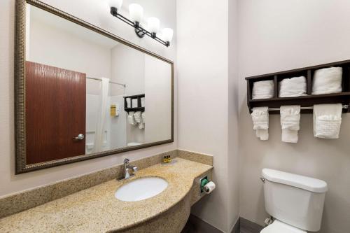 a bathroom with a sink and a toilet and a mirror at Best Western Plus Lake Dallas Inn & Suites in Lake Dallas