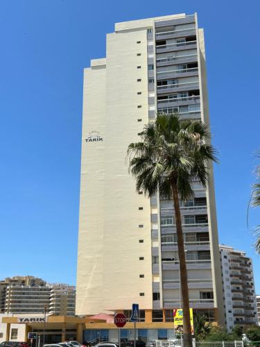 um edifício alto com uma palmeira em frente em SUNSTUDIO TARIK AL em Portimão