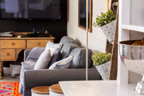 a living room with a gray couch with pillows at The Edward Townhouses 151 - 157 in Orange