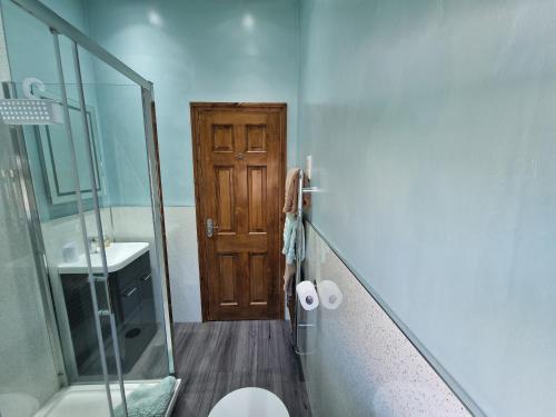 a bathroom with a toilet and a wooden door at Cosy Cottage in Liskeard