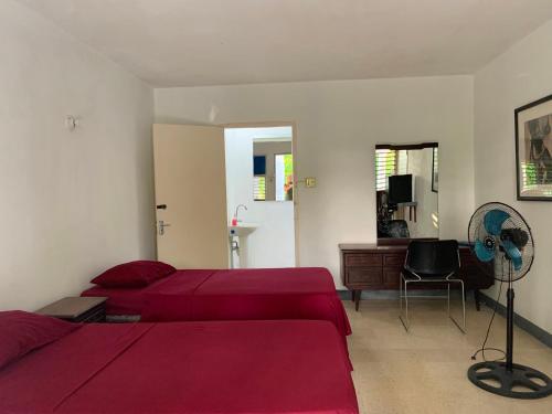 モンテゴ・ベイにあるAfrican Symbol Guest Houseのベッドルーム1室(ベッド2台、デスク、ファン付)