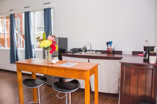 a kitchen with a table and some chairs and a counter at Chango's Apartments in Bocas del Toro