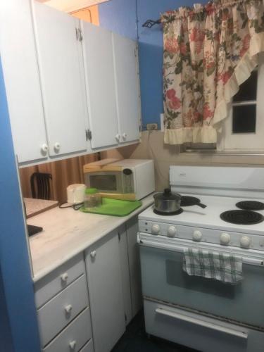 a kitchen with a white stove and a microwave at Finest Accommodation Renfrew Place 1 Bedroom Apt # 42 New Kgn 4--12 Renfrew Rd in Kingston
