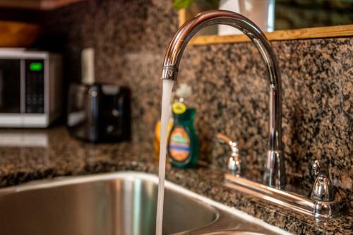 a kitchen sink with water coming out of a faucet at Romantic log cabin with hot tub in Pigeon Forge