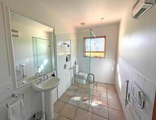 uma casa de banho com um lavatório, um chuveiro e um WC. em Towan House at Carrick Winery em Cromwell