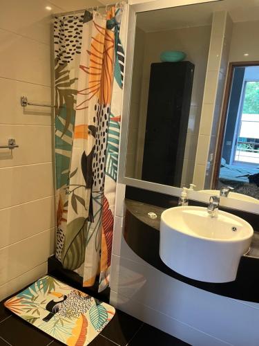 uma casa de banho com um lavatório e um espelho em Studio tropical baie des citrons em Noumea